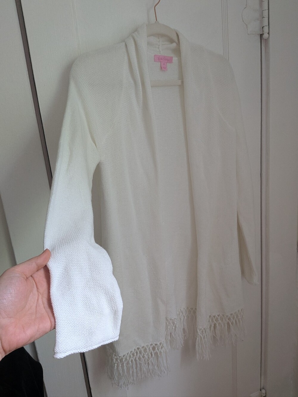 Lilly Pulitzer White Open Front Fringe Knit Cardigan - Size M